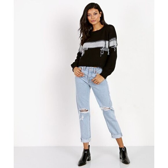 Nation LTD Puff Sleeve Crew Neck Black Sweater Gray Inside Out Stripe Large NWOT - Picture 1 of 7